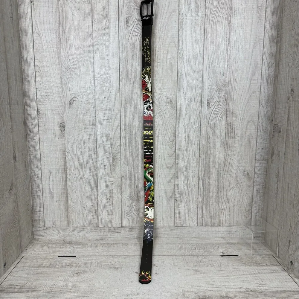 Ed Hardy Men's Size 36 Reversible Black Leather Belt Dragon Heart Skull Tattoos
